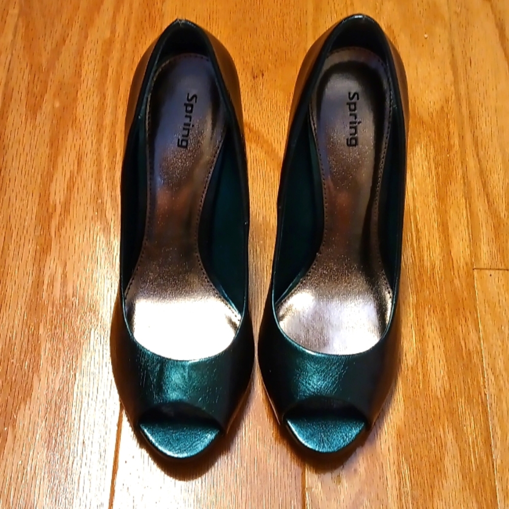 Shiny teal Spring open toed heels size Euro 38